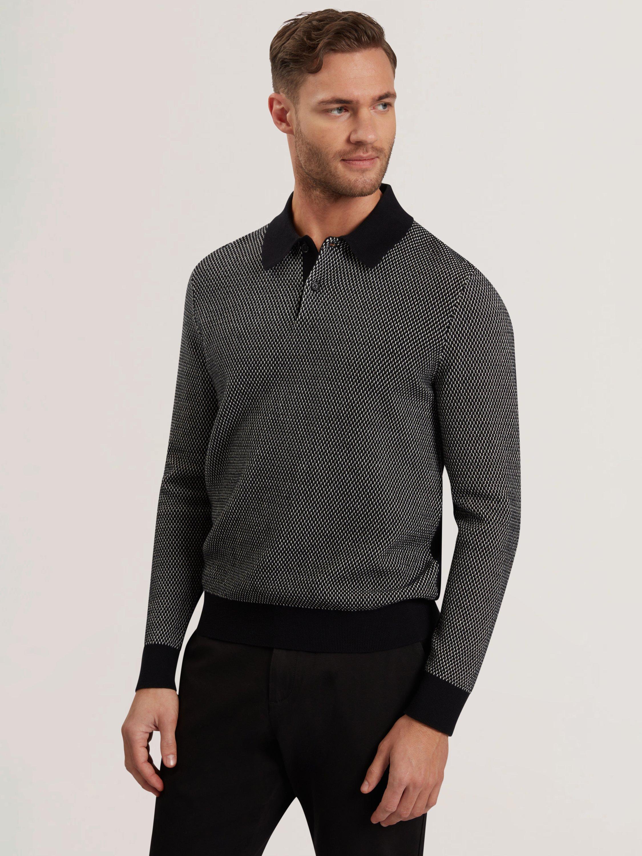 Product image 1 of 6, which shows Ted Baker Ardo Small Stitch Knitted Polo Shirt, Black, XS