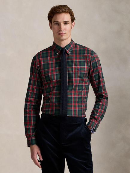 Ralph Lauren Custom Fit Cotton Check Long Sleeve Collar Shirt, 6982 Forest Red Mul
