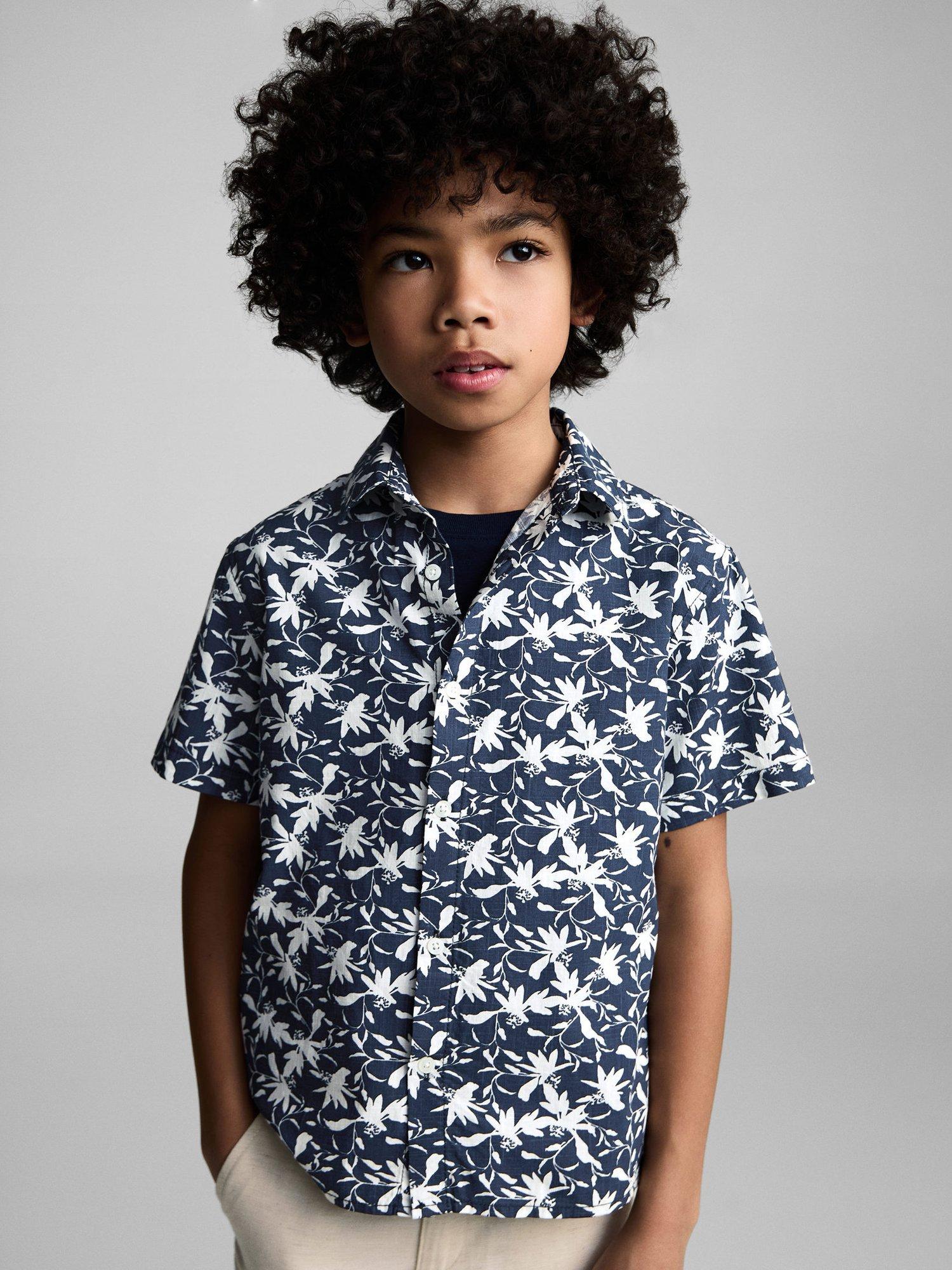 Product image 1 of 7, which shows Mango Kids' Dai Cotton Tropical Floral Shirt, Navy, 10 years