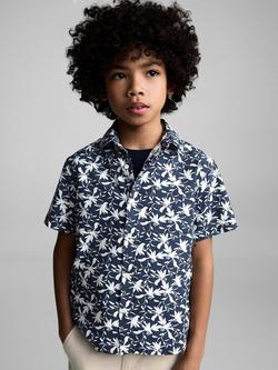 Mango Kids' Dai Cotton Tropical Floral Shirt, Navy, Navy
