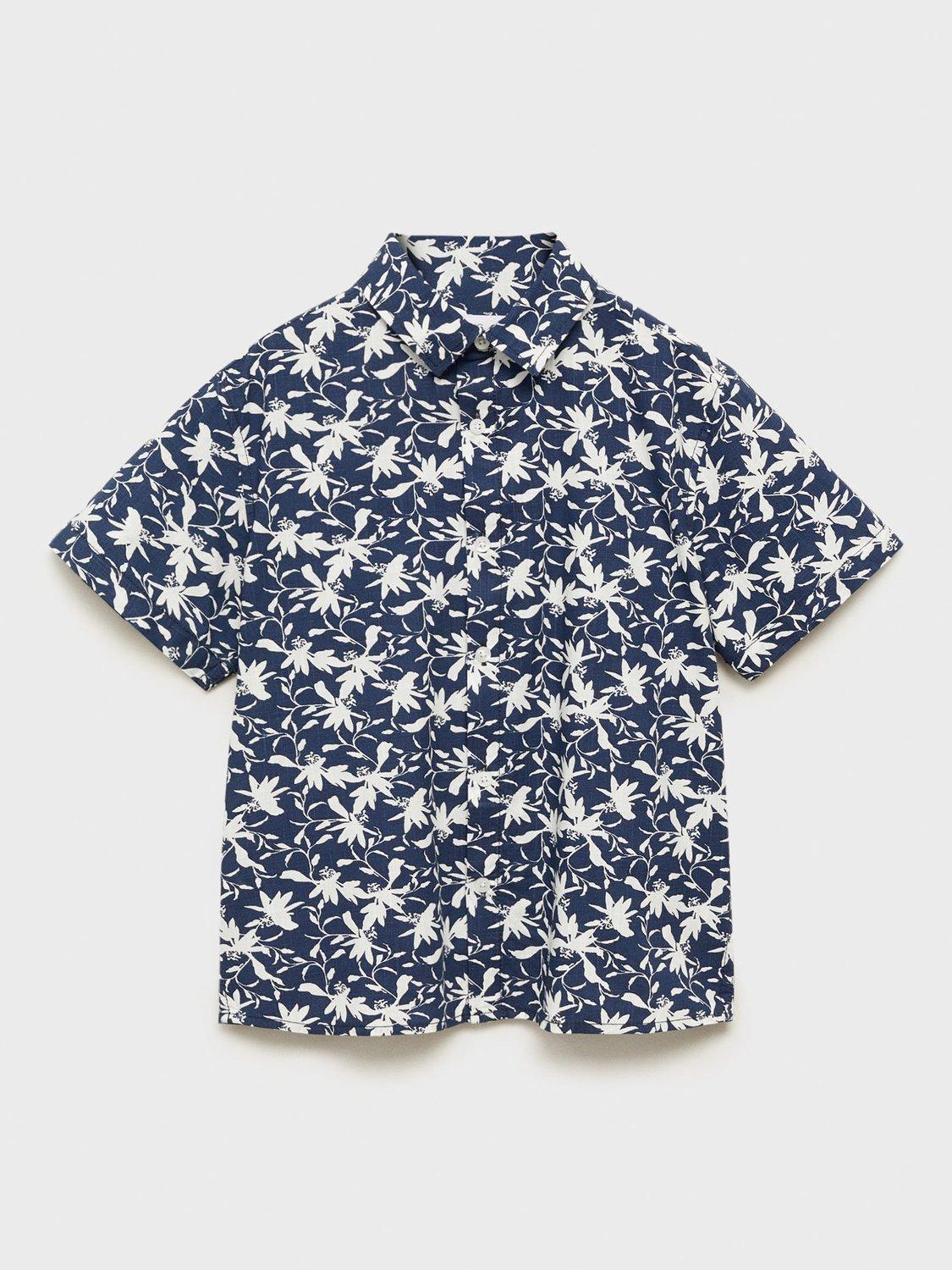 Product image 3 of 7, which shows Mango Kids' Dai Cotton Tropical Floral Shirt, Navy, 10 years