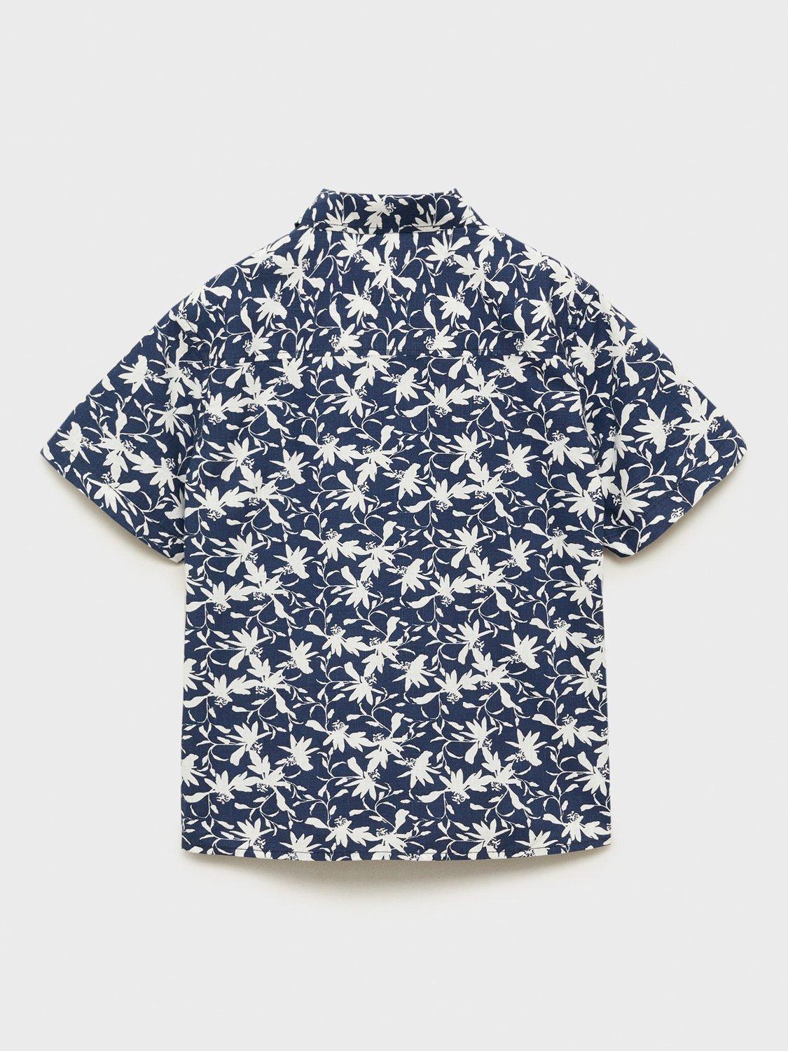 Product image 4 of 7, which shows Mango Kids' Dai Cotton Tropical Floral Shirt, Navy, 10 years