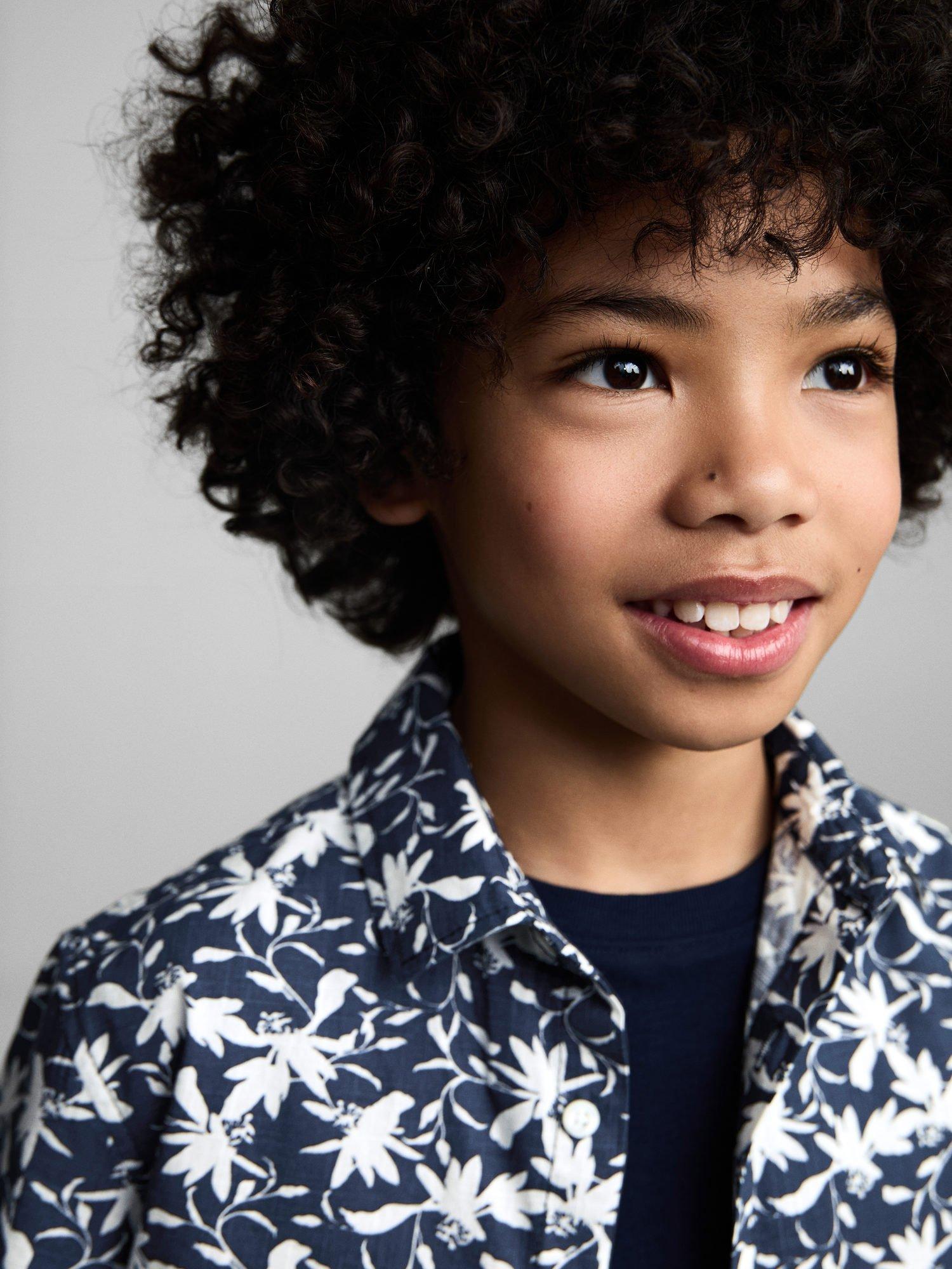 Product image 6 of 7, which shows Mango Kids' Dai Cotton Tropical Floral Shirt, Navy, 10 years