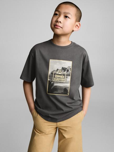 Mango Kids' Koggala Crew Neck Cotton Graphic T-Shirt, Charcoal