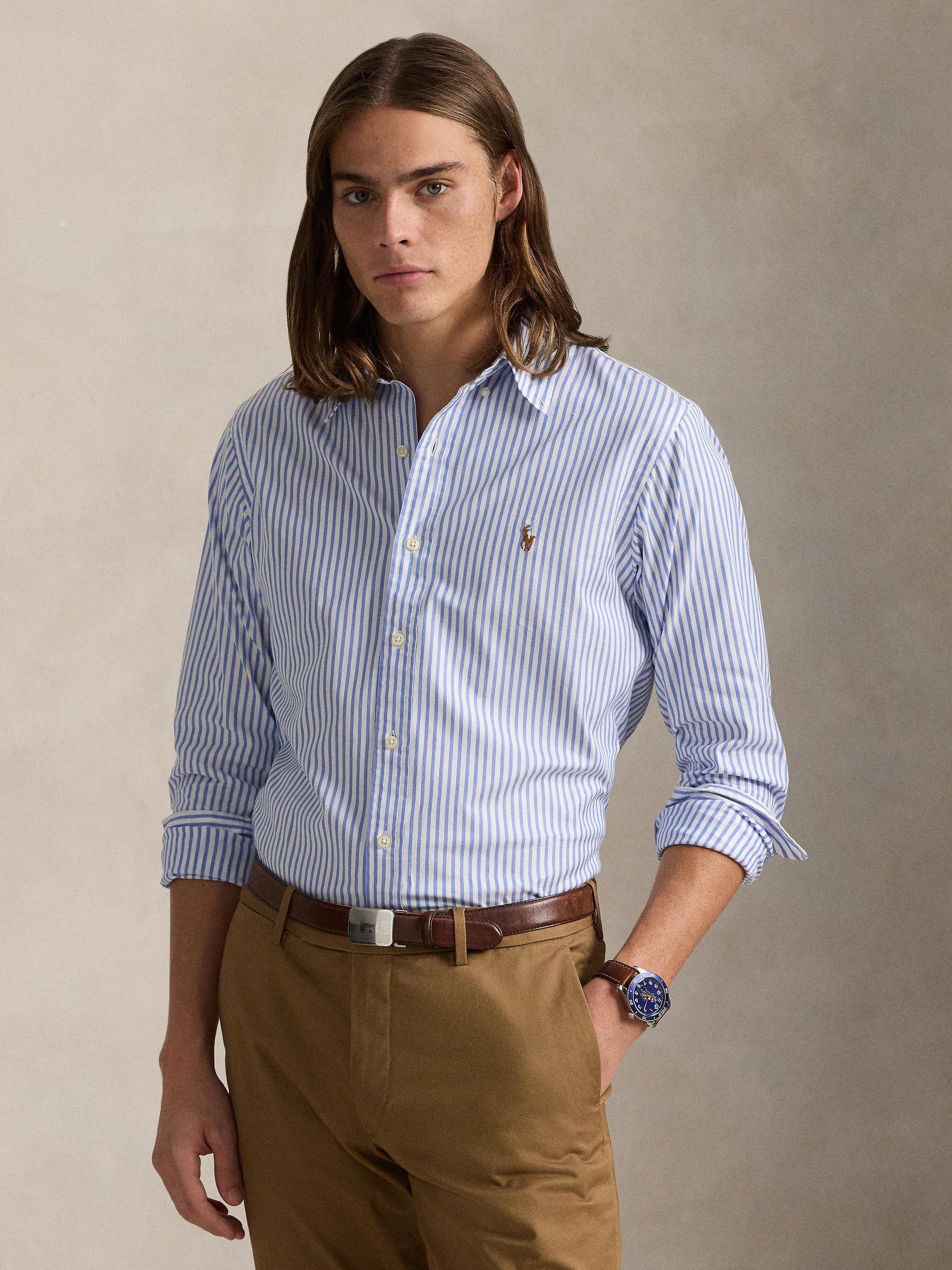 Product image 1 of 6, which shows Polo Golf by Ralph Lauren Cotton Blend Custom Slim Fit Stripe Shirt, 5527a Blue/White, S