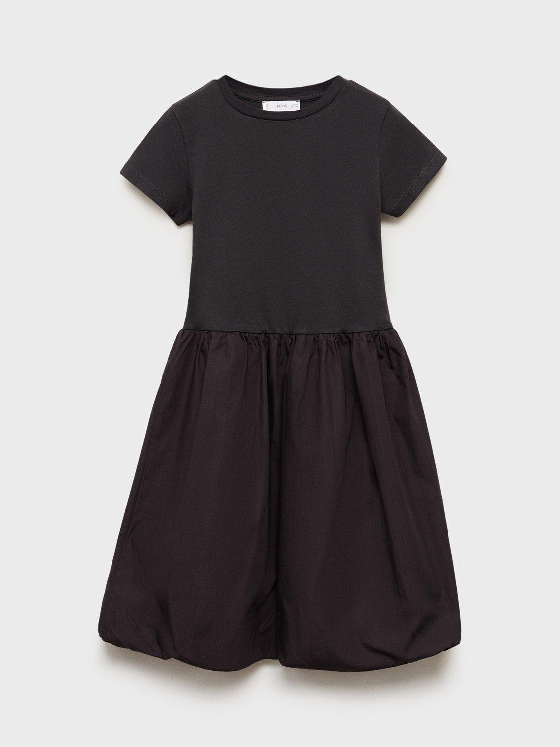 Product image 1 of 4, which shows Mango Kids' Cotton Balloon Sleeve Dress, Charcoal, 11-12 yrs