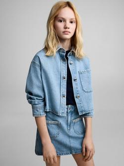 Mango Kids' Bruna Cotton Denim A-Line Skirt, Open Blue, Open Blue