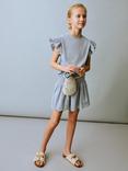 Mango Kids' Cotton Embroidered Frill Sleeve Top, Lt-pastel Blue
