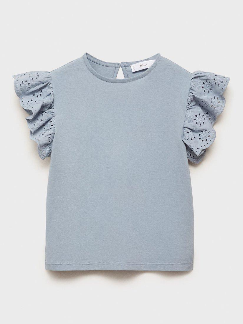 Product image 2 of 7, which shows Mango Kids' Cotton Embroidered Frill Sleeve Top, Lt-pastel Blue, 11-12 yrs