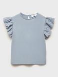 Mango Kids' Cotton Embroidered Frill Sleeve Top, Lt-pastel Blue