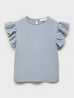 Mango Kids' Cotton Embroidered Frill Sleeve Top, Lt-pastel Blue - view 2, Lt-pastel Blue