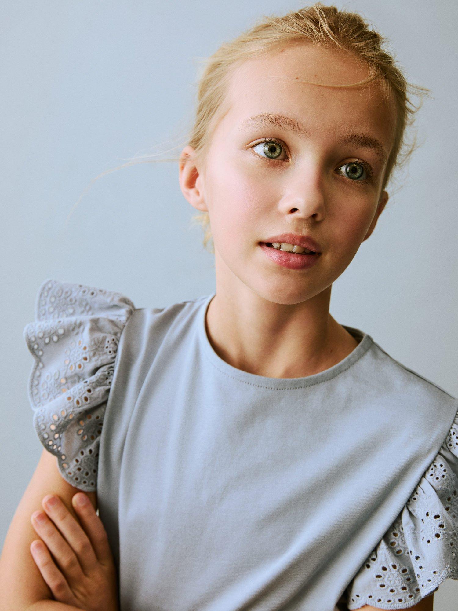 Product image 5 of 7, which shows Mango Kids' Cotton Embroidered Frill Sleeve Top, Lt-pastel Blue, 11-12 yrs