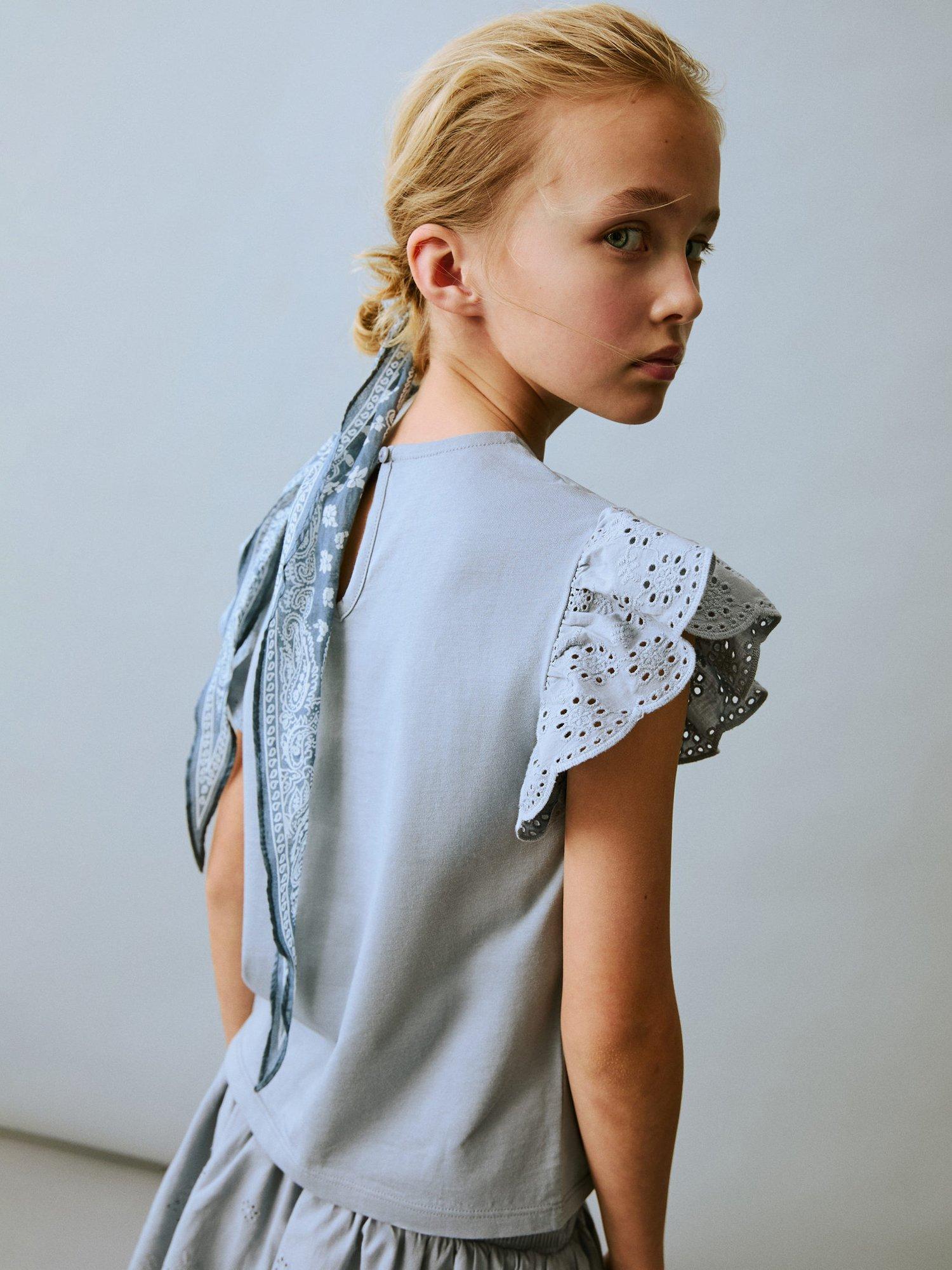 Product image 6 of 7, which shows Mango Kids' Cotton Embroidered Frill Sleeve Top, Lt-pastel Blue, 11-12 yrs