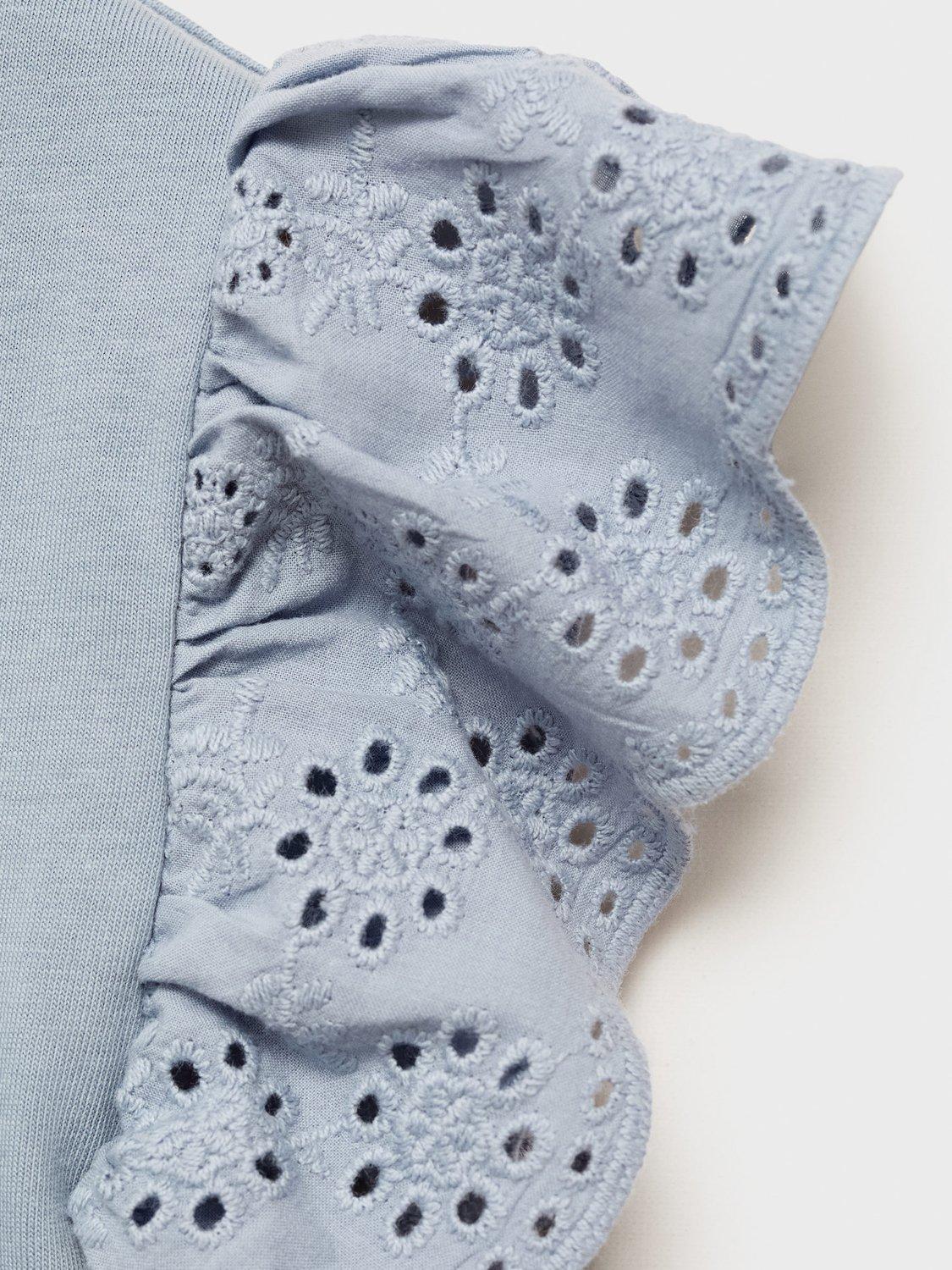 Product image 7 of 7, which shows Mango Kids' Cotton Embroidered Frill Sleeve Top, Lt-pastel Blue, 11-12 yrs