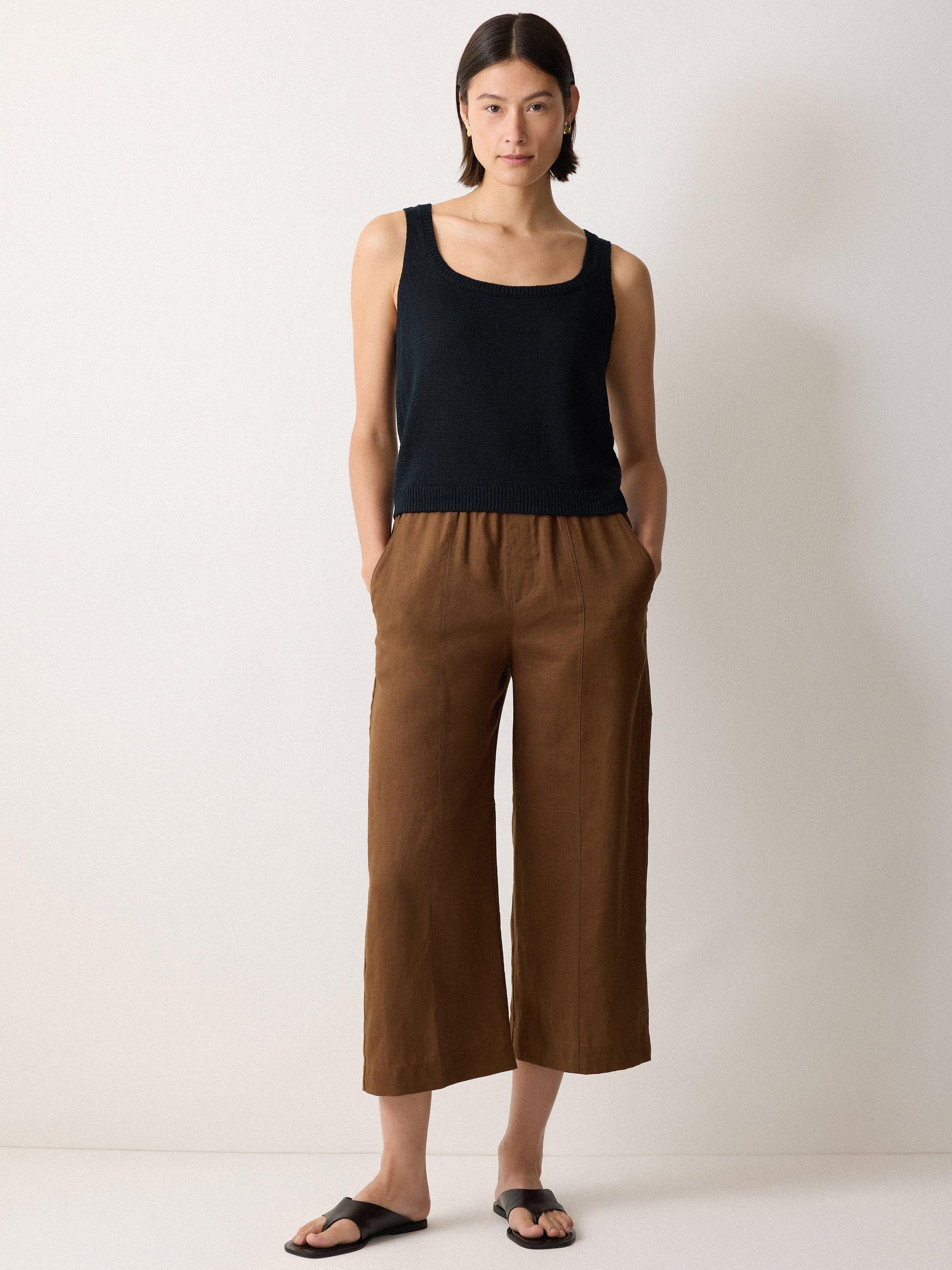 Product image 1 of 6, which shows Jigsaw Square Neck Knit Pure Linen Top, Navy, M