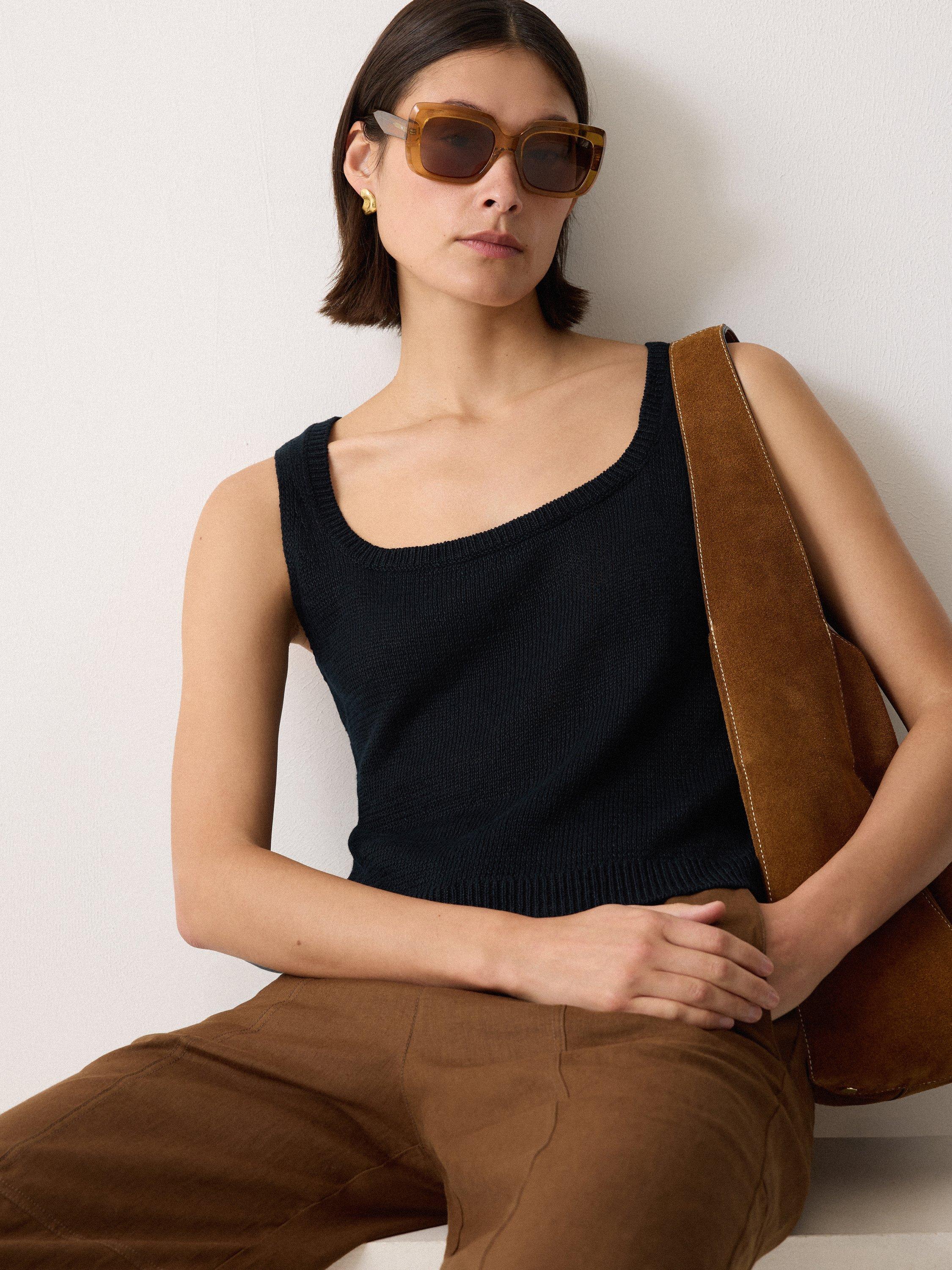 Product image 3 of 6, which shows Jigsaw Square Neck Knit Pure Linen Top, Navy, M