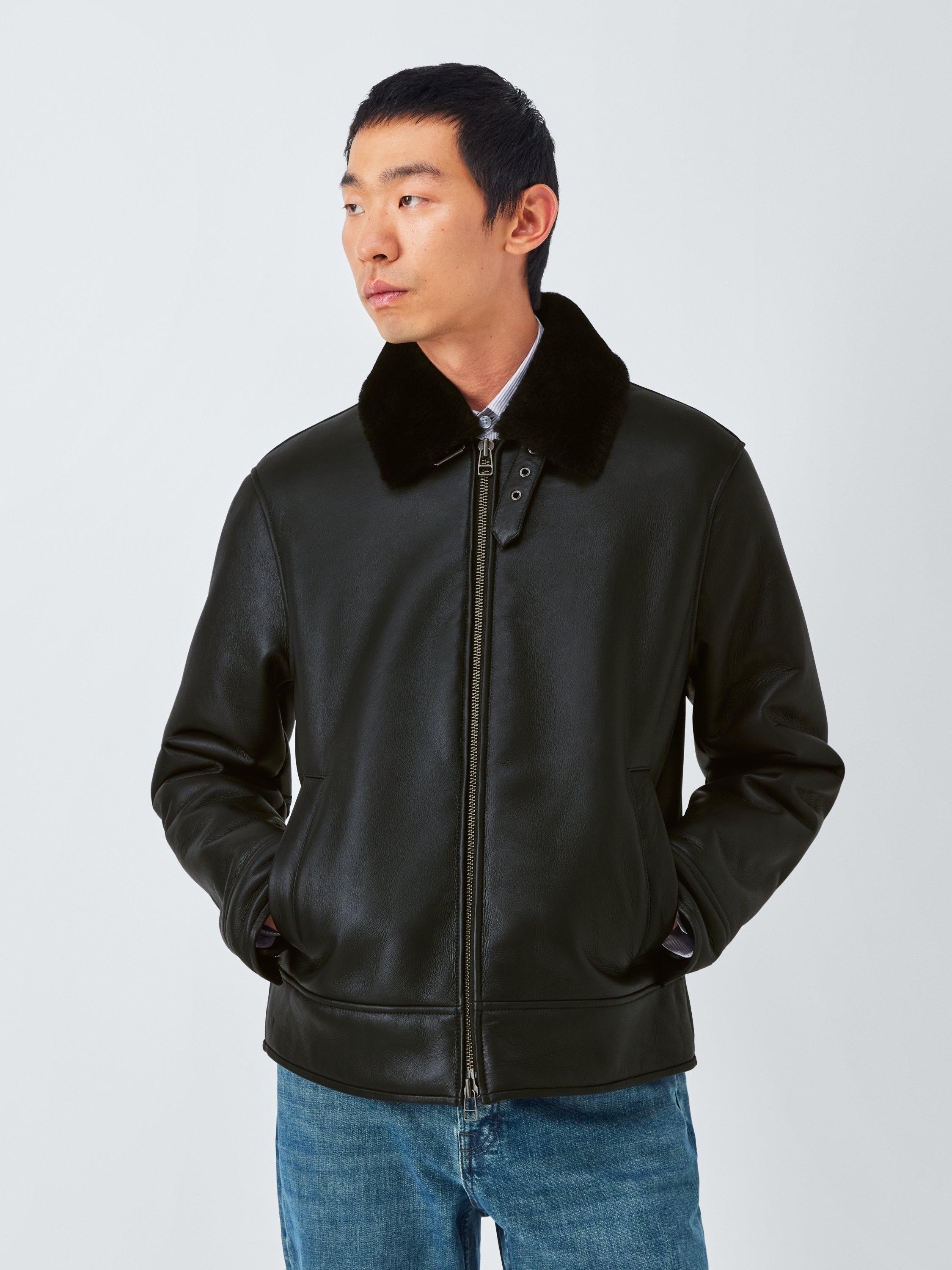 John Lewis Shearling Collar Zip Front Leather Jacket, Black