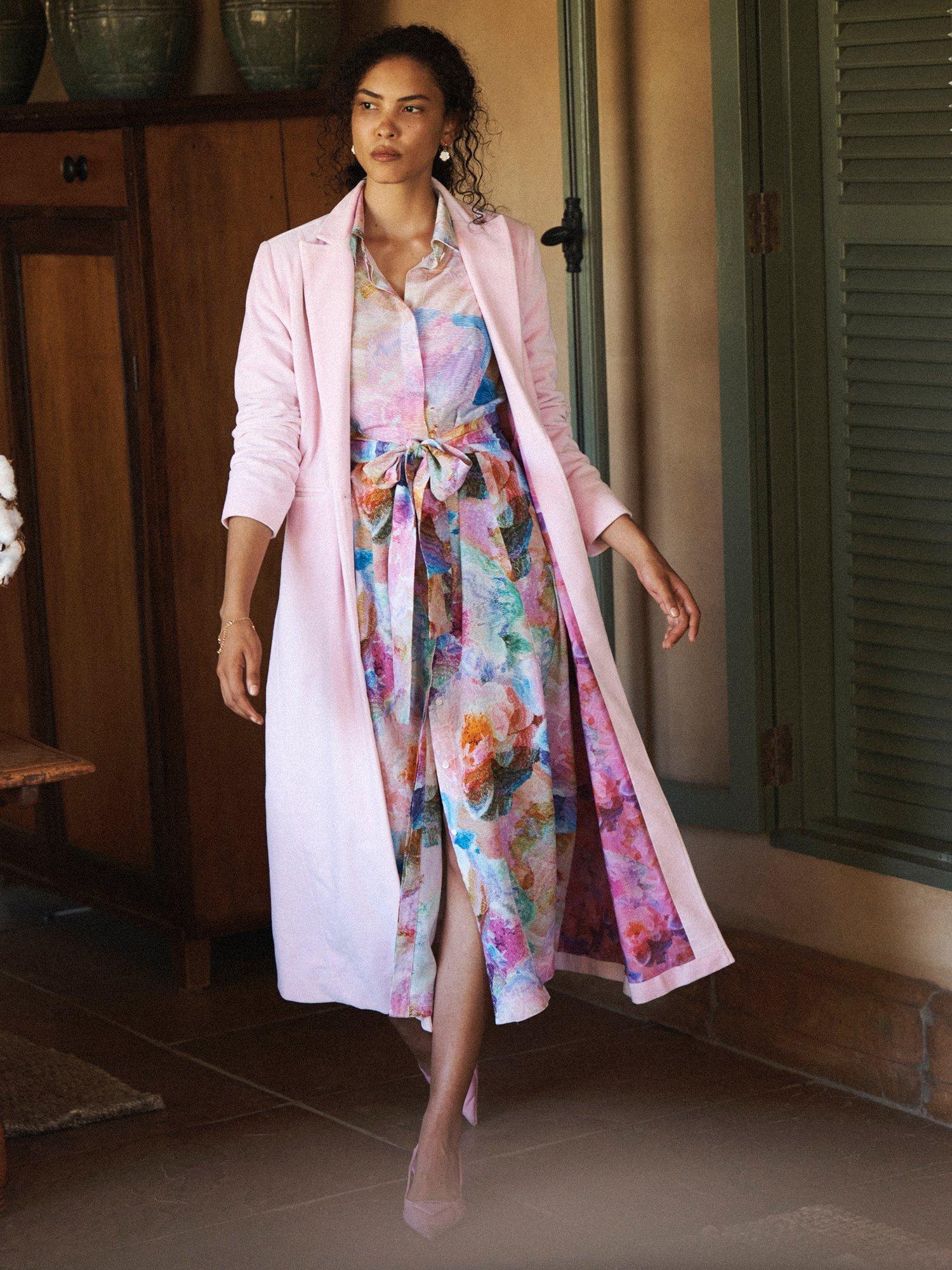 Product image 1 of 7, which shows NRBY x Nela Odette Velvet Opera Coat, Soft Pink, XS