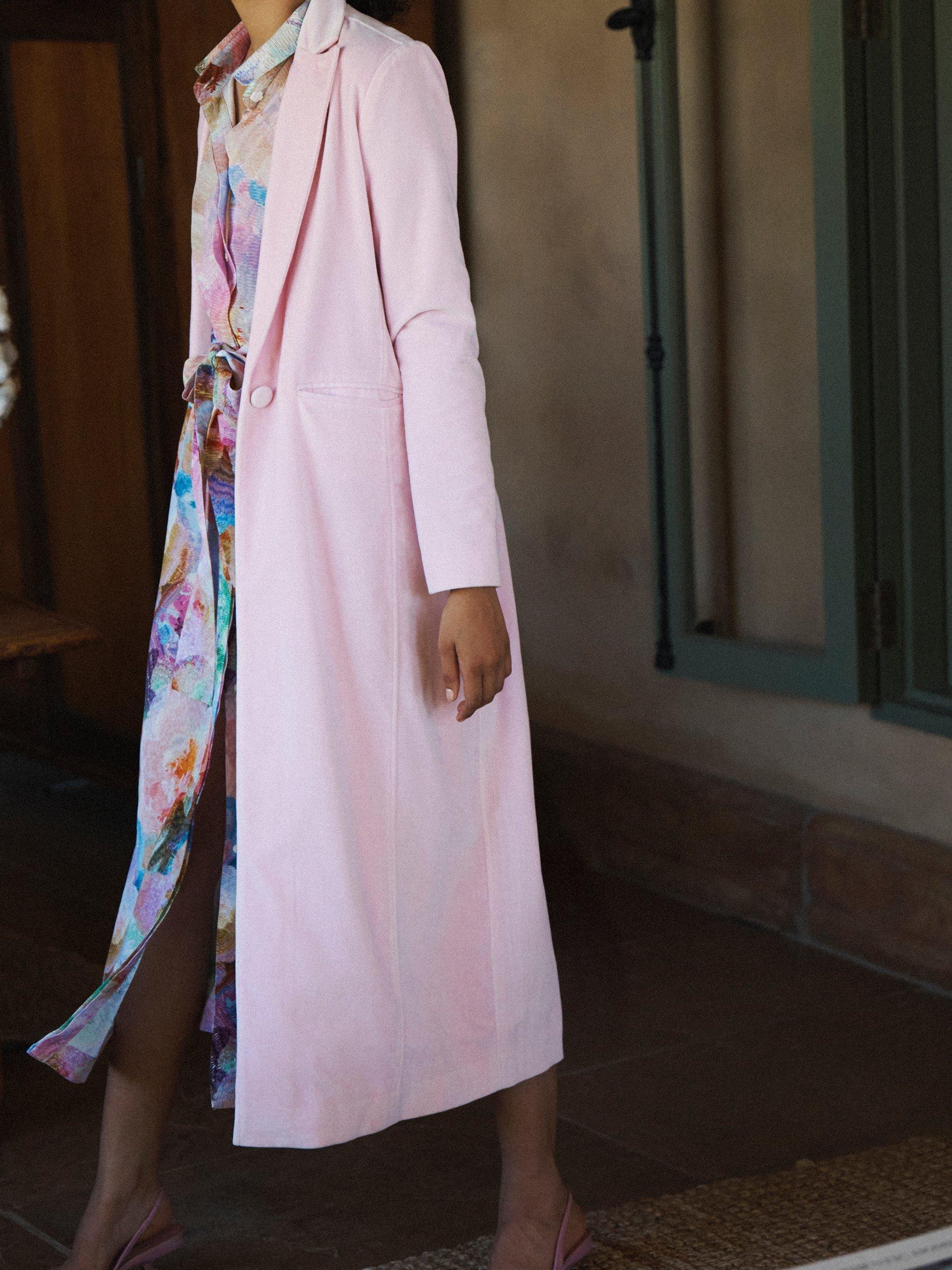 Product image 4 of 7, which shows NRBY x Nela Odette Velvet Opera Coat, Soft Pink, XS