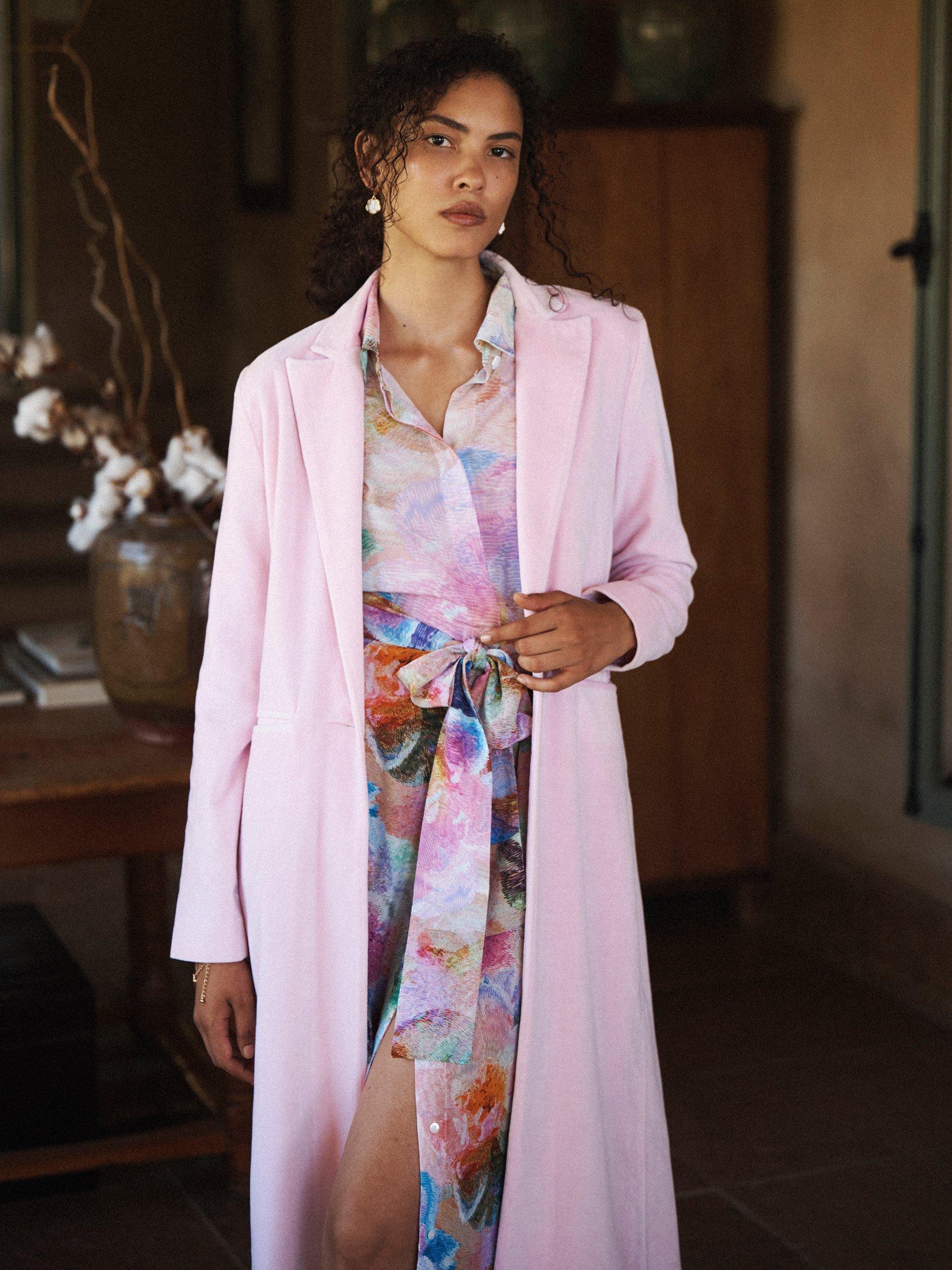 Product image 6 of 7, which shows NRBY x Nela Odette Velvet Opera Coat, Soft Pink, XS