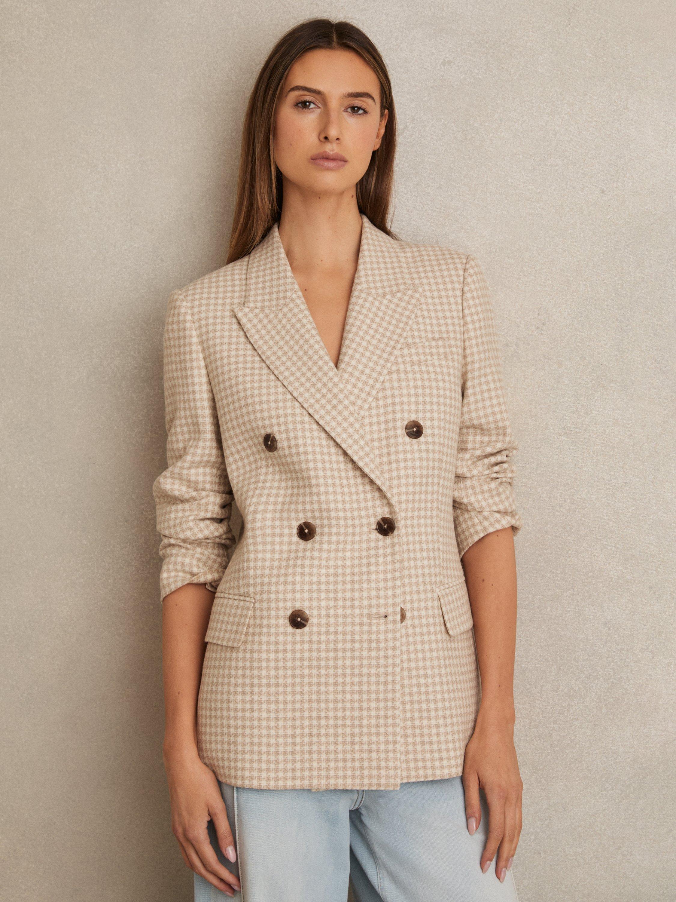 Product image 1 of 5, which shows Reiss Petite Bella Double Breasted Check Wool Blend Blazer, Neutral, 6Pt
