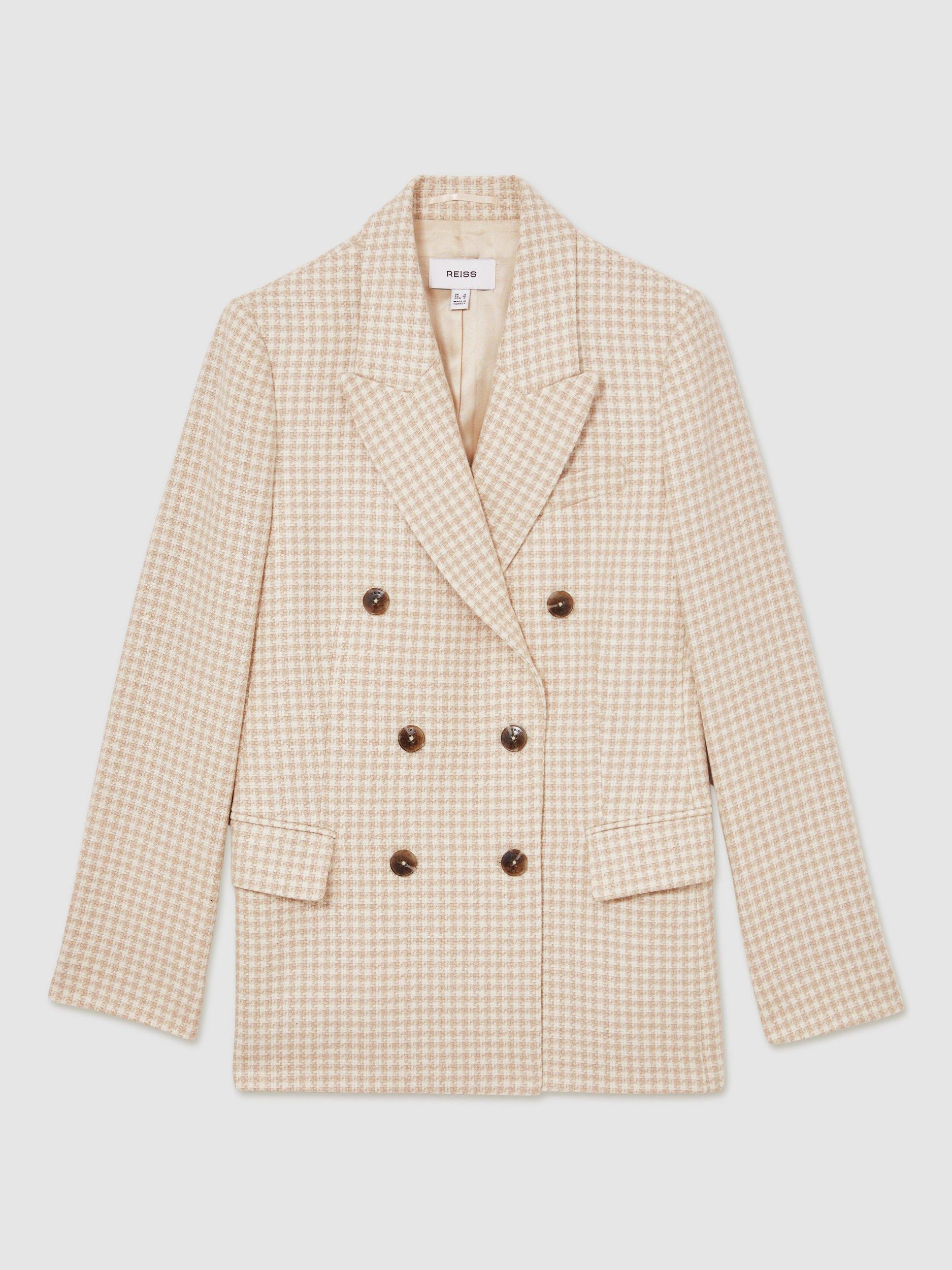Product image 3 of 5, which shows Reiss Petite Bella Double Breasted Check Wool Blend Blazer, Neutral, 6Pt