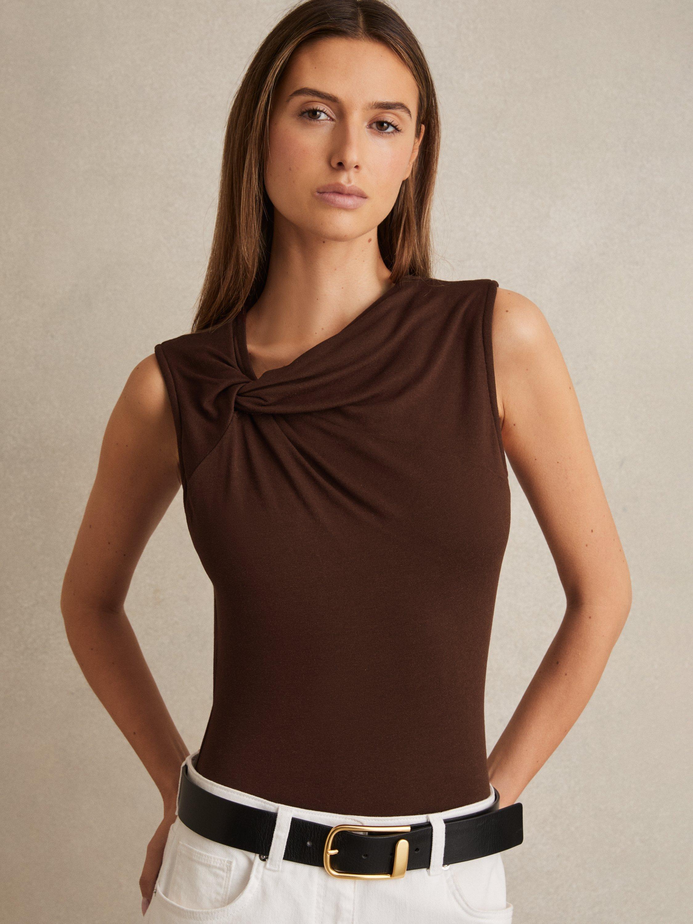 Product image 1 of 5, which shows Reiss Fran Knot Detail Jersey Bodysuit, Chocolate Brown, 8