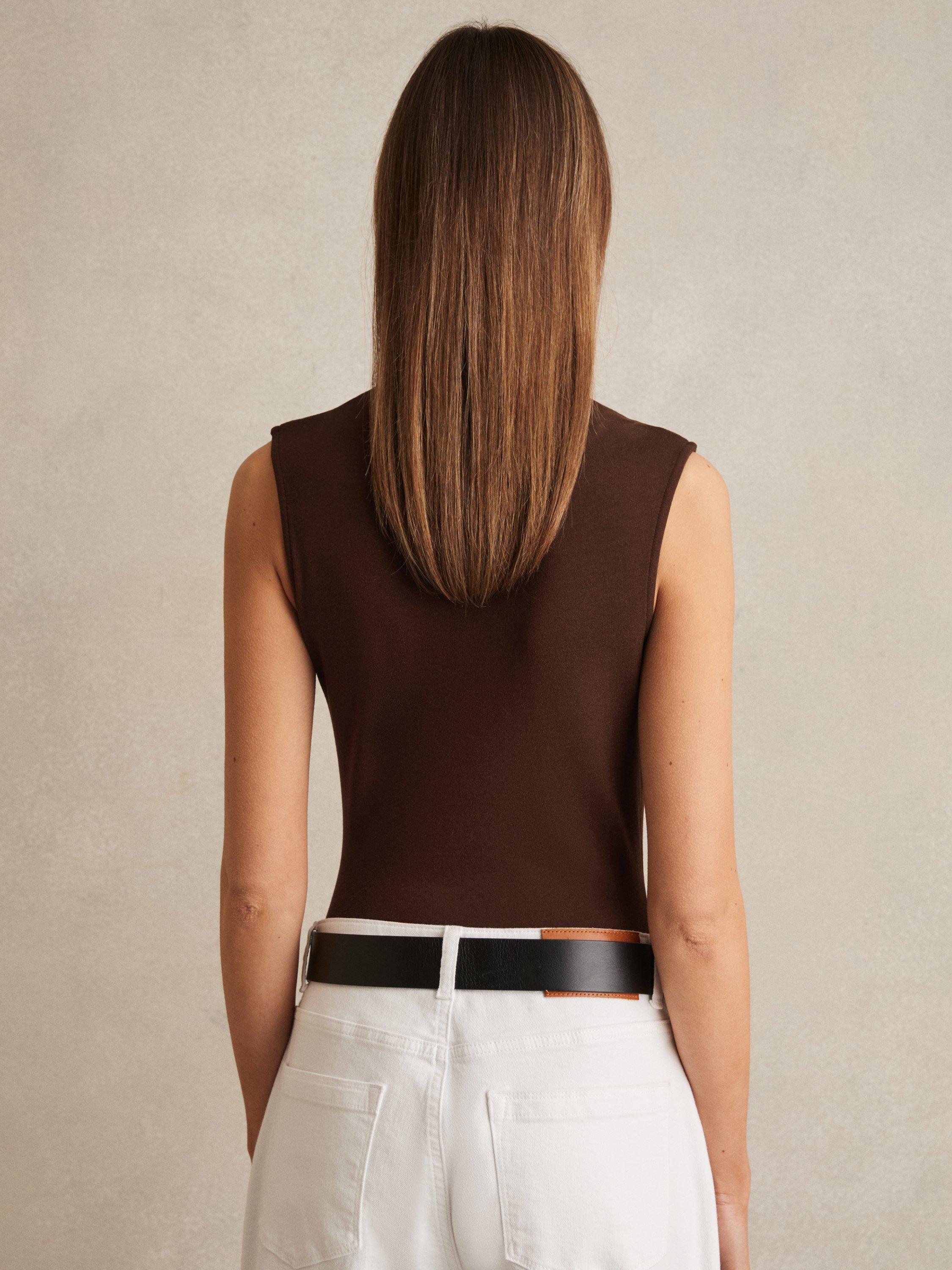 Product image 2 of 5, which shows Reiss Fran Knot Detail Jersey Bodysuit, Chocolate Brown, 8