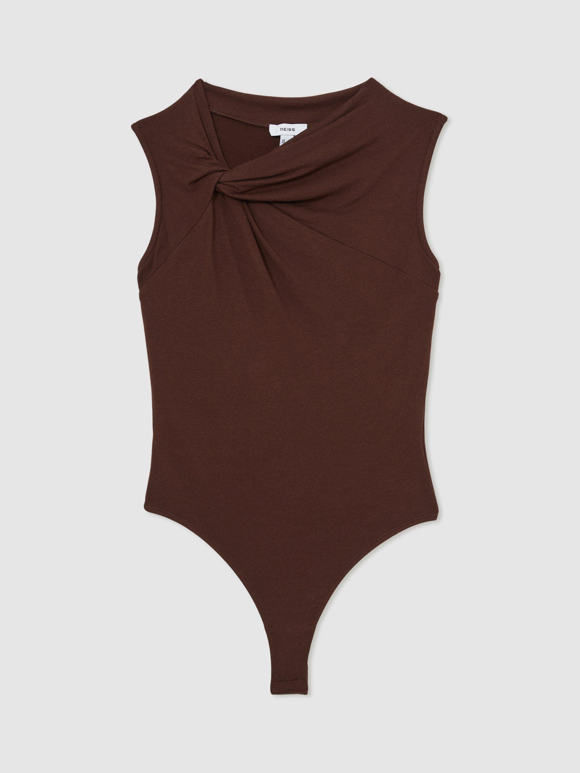 Product image 3 of 5, which shows Reiss Fran Knot Detail Jersey Bodysuit, Chocolate Brown, 8
