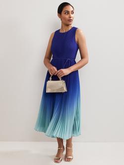 Phase Eight Petite Simara Pleated Ombre Midi Dress, Blue, Blue