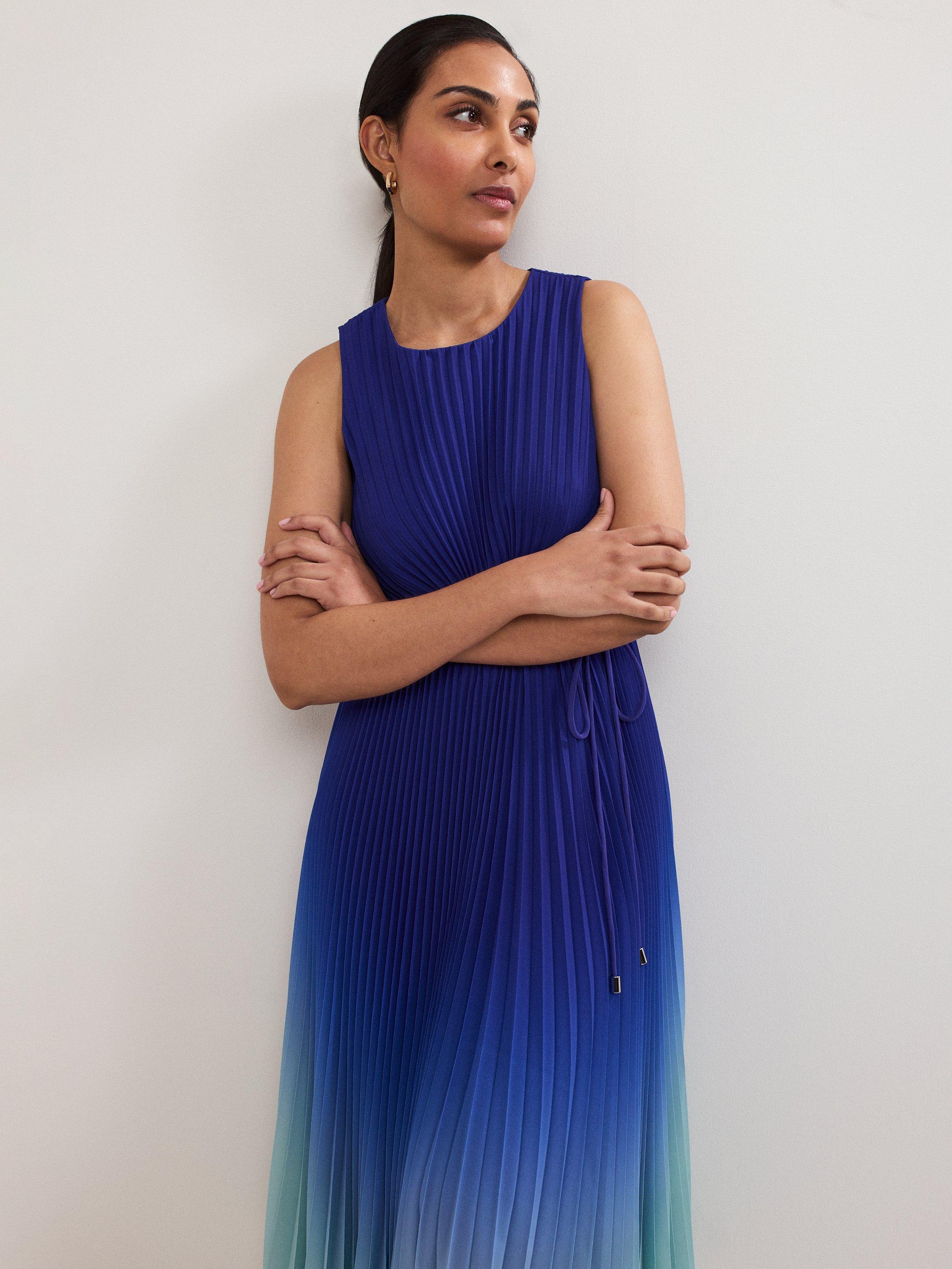 Phase Eight Petite Simara Pleated Ombre Midi Dress, Blue