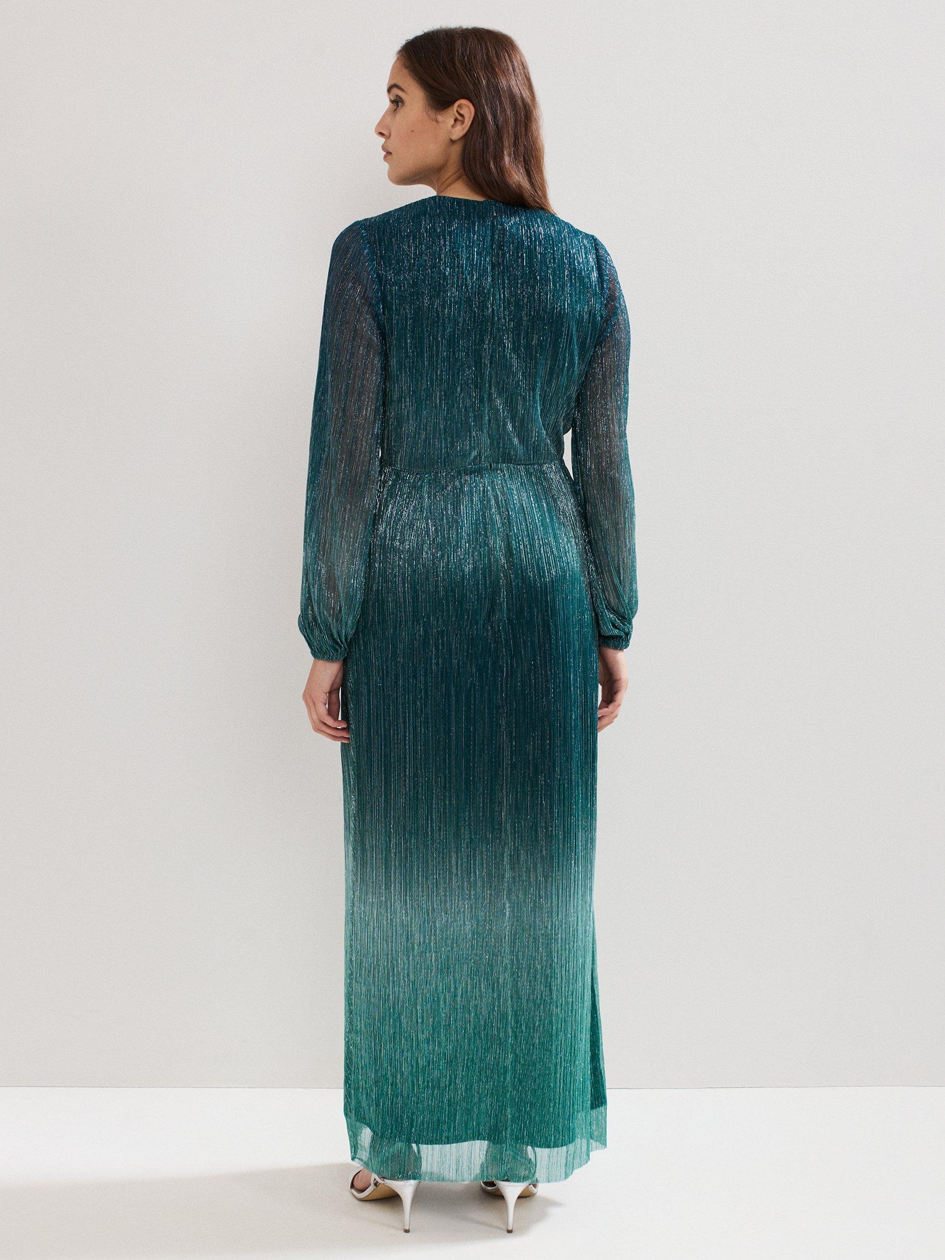 Product image 2 of 7, which shows Phase Eight Petite Cherene Ombre Plisse Dress, Green/Aqua, 6
