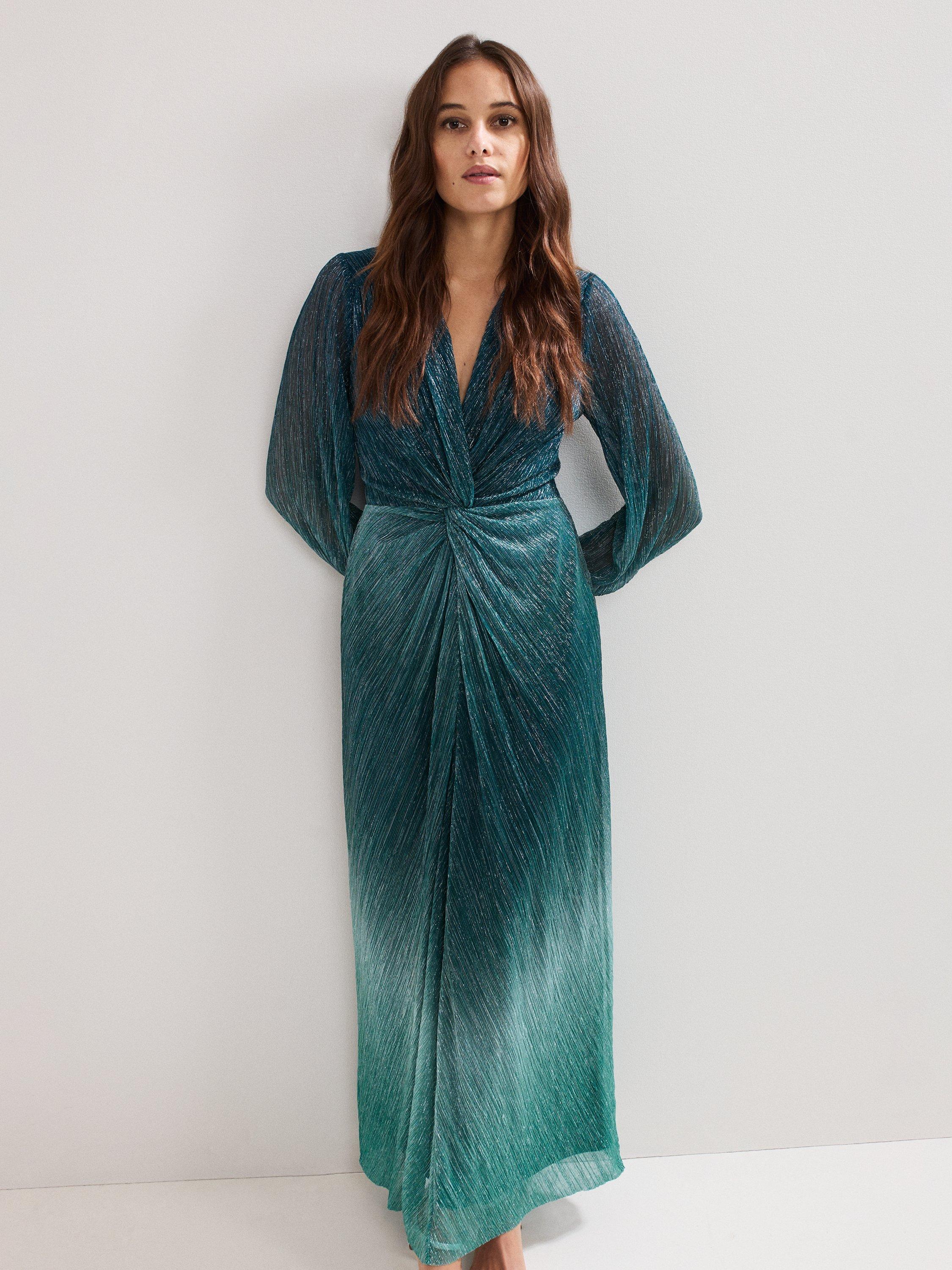 Product image 3 of 7, which shows Phase Eight Petite Cherene Ombre Plisse Dress, Green/Aqua, 6