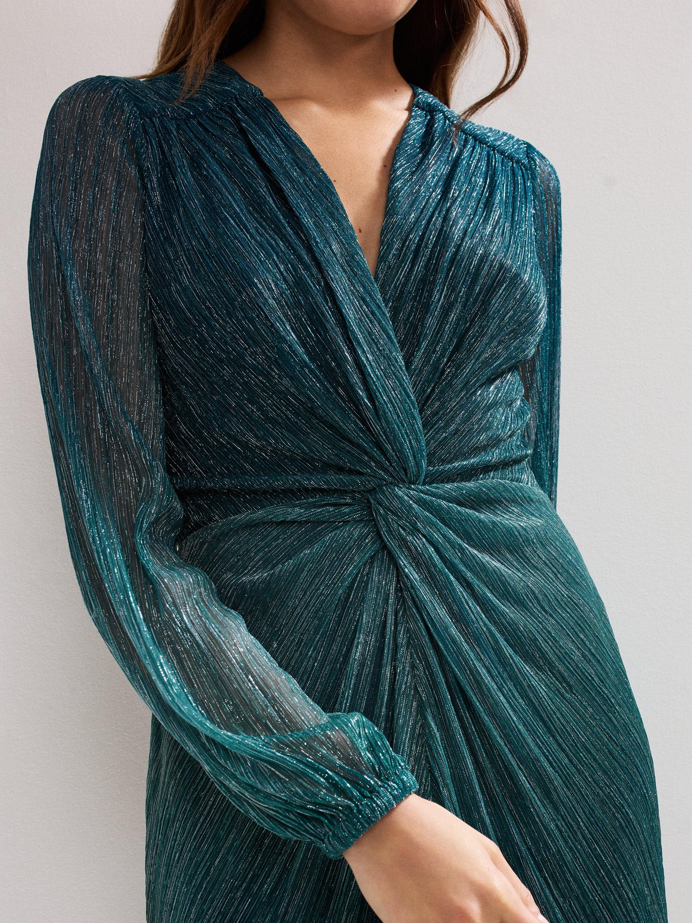 Product image 4 of 7, which shows Phase Eight Petite Cherene Ombre Plisse Dress, Green/Aqua, 6