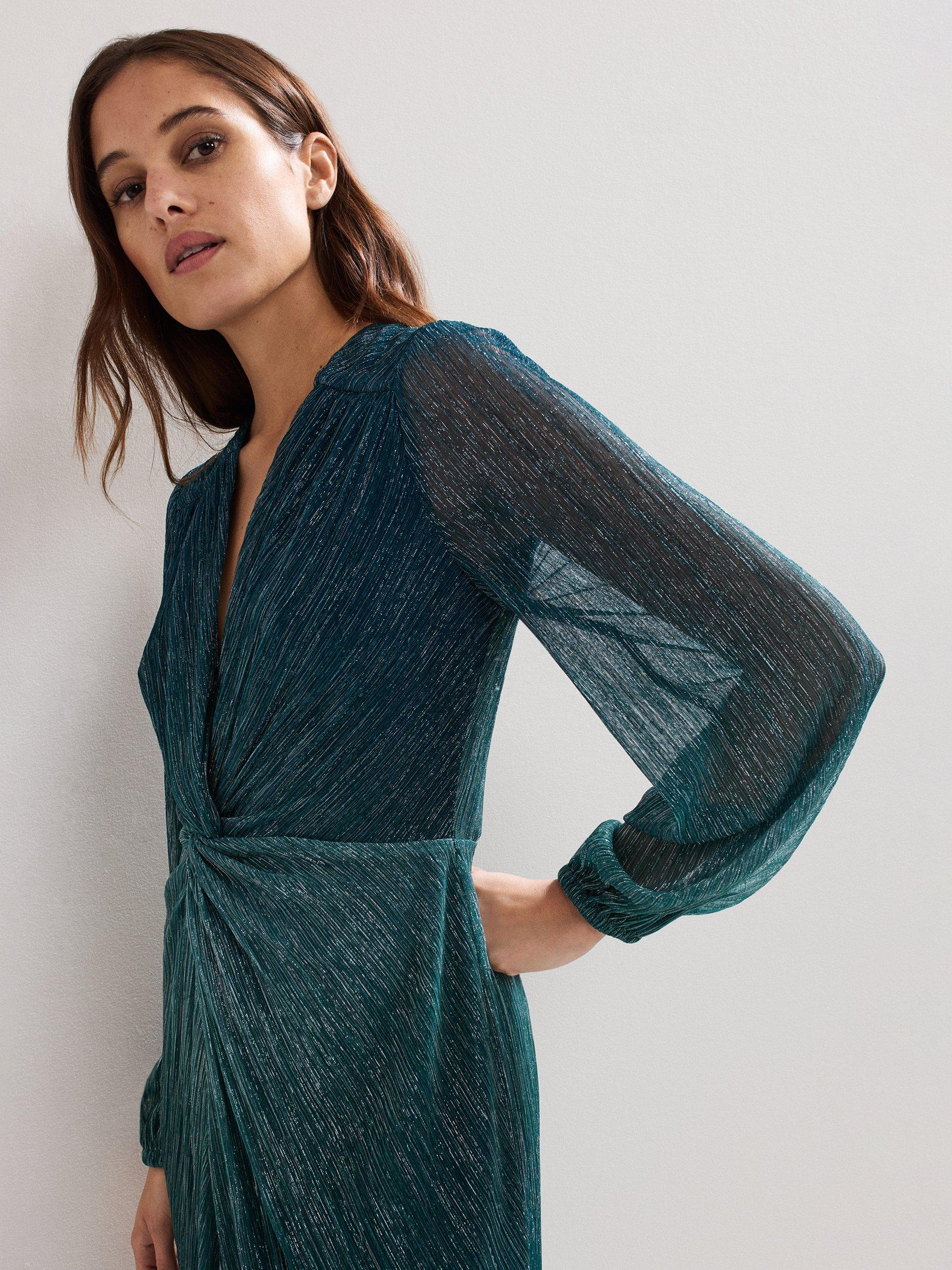 Product image 7 of 7, which shows Phase Eight Petite Cherene Ombre Plisse Dress, Green/Aqua, 6