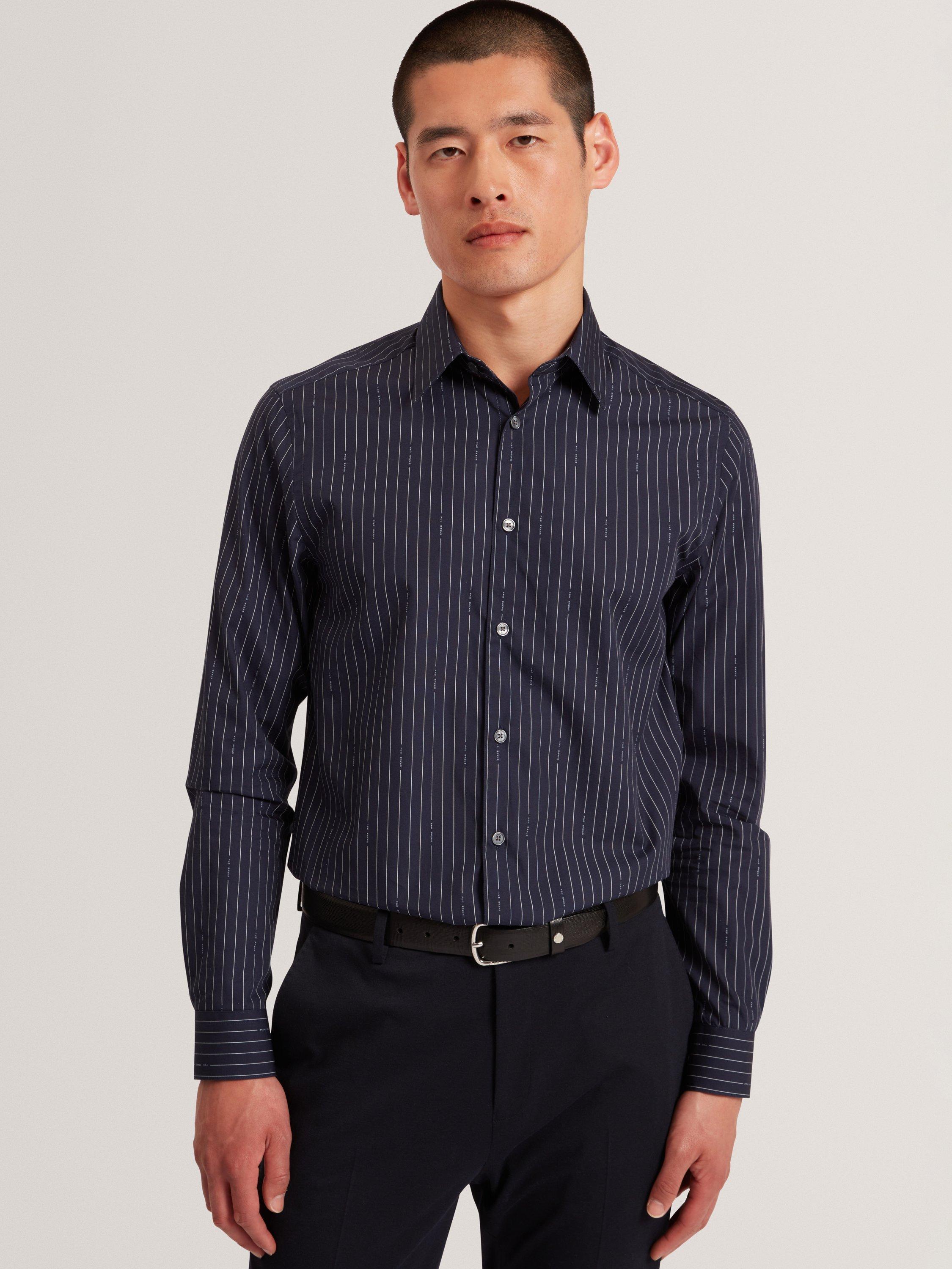 Product image 1 of 7, which shows Ted Baker Hangent Long Sleeve Stripe Shirt, Navy, S
