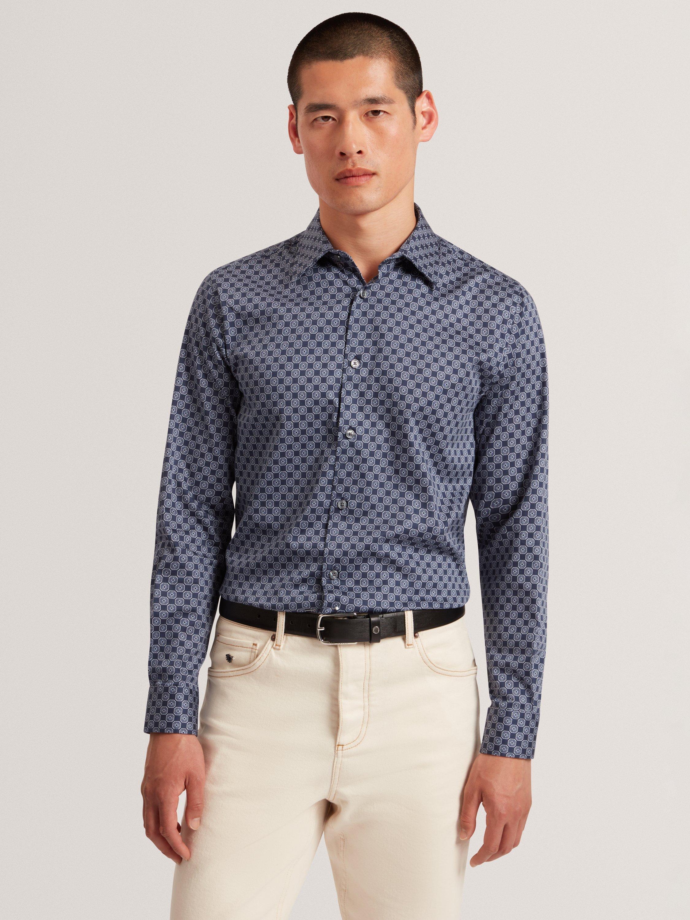 Product image 1 of 7, which shows Ted Baker Sef Geometric Print Cotton Blend Shirt, Navy, S