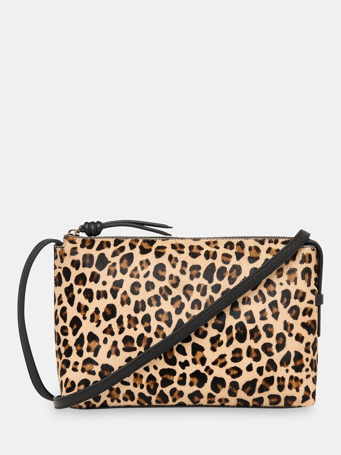 Product image 1 of 5, which shows Whistles Kaia Zip Top Leather Crossbody Bag, Leopard Print, One Size