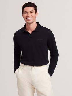 Ted Baker Cotton Honeycomb Trim Long Sleeve Polo Shirt, Navy, Navy