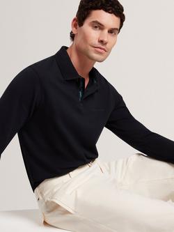 Ted Baker Cotton Honeycomb Trim Long Sleeve Polo Shirt, Navy - view 2, Navy