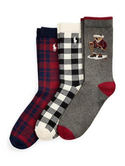 Ralph Lauren Kids' Cotton Blend Holiday Bear Crew Socks, Pack of 3, Grey/Multi, Grey/Multi