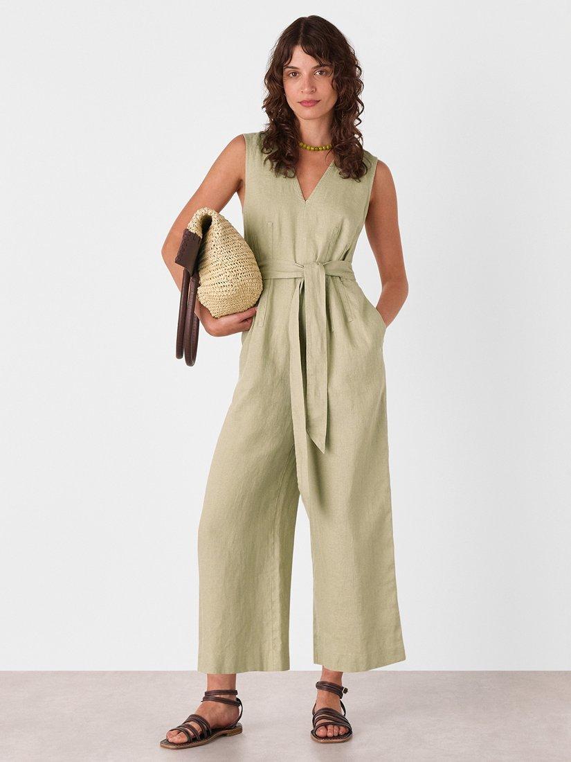 Product image 1 of 5, which shows Whistles Belted Seamed Pure Linen Jumpsuit, Neutral, 6