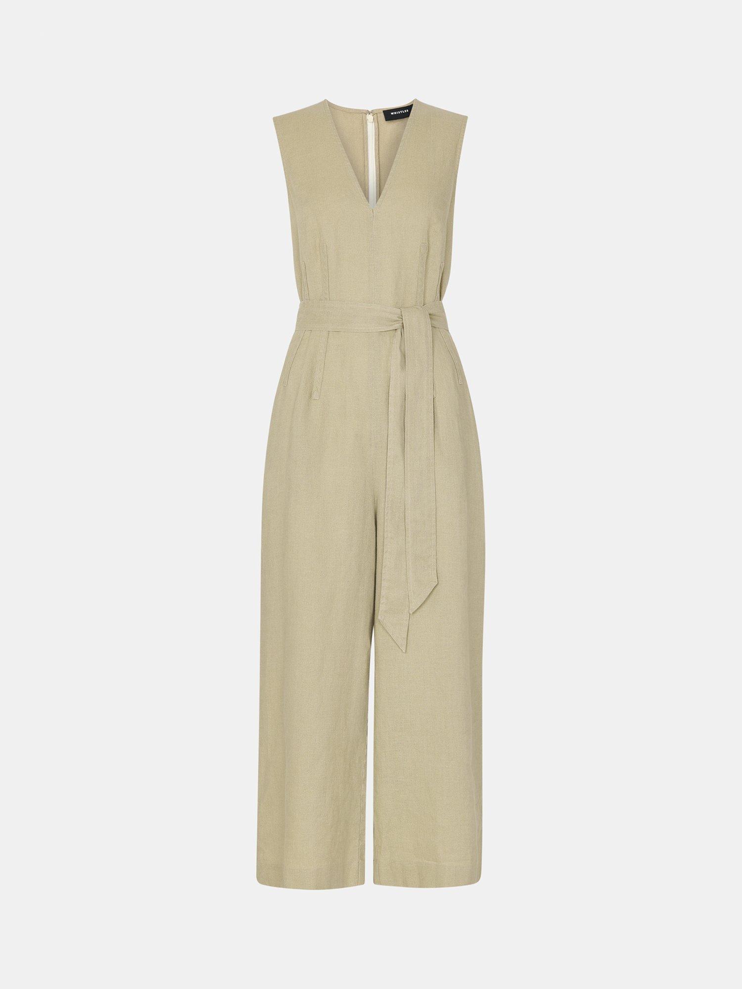 Product image 5 of 5, which shows Whistles Belted Seamed Pure Linen Jumpsuit, Neutral, 6