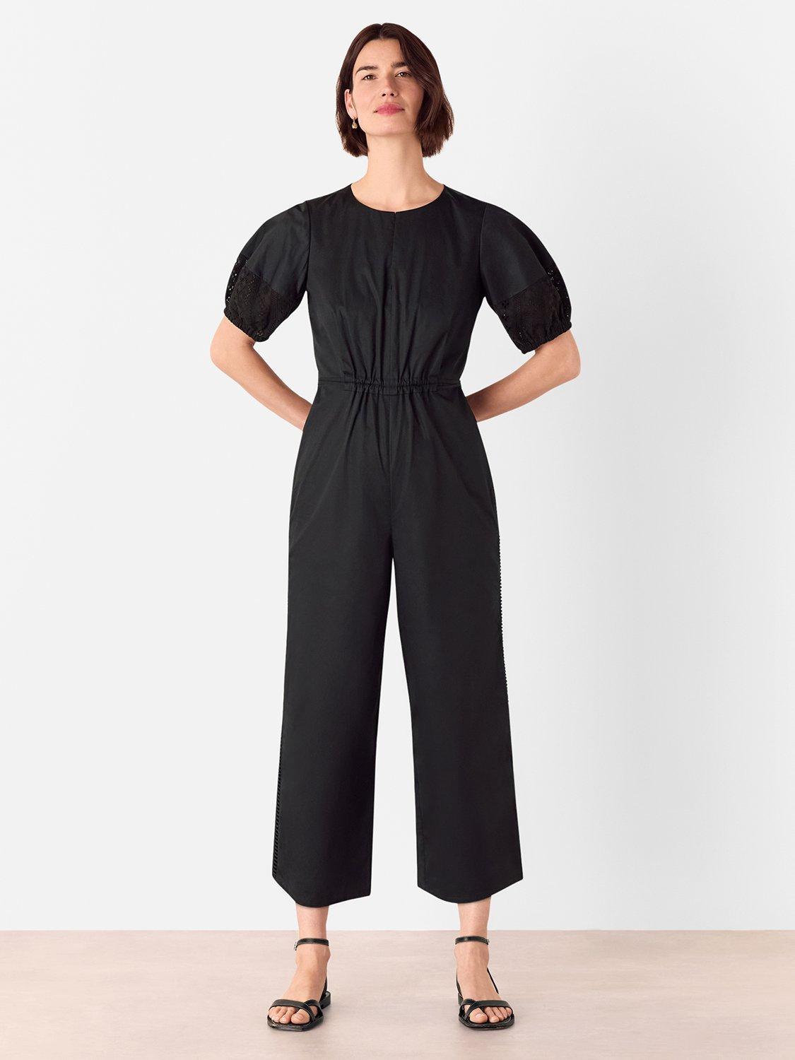 Product image 1 of 5, which shows Whistles Broderie Poplin Jumpsuit, Black, 6