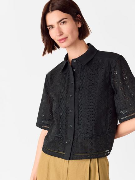 Whistles Cropped Broderie Cotton Shirt - view 2, Black