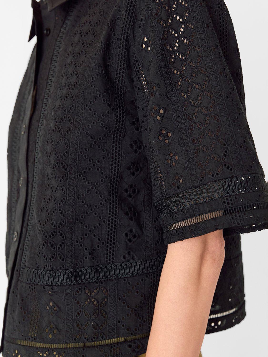 Product image 3 of 6, which shows Whistles Cropped Broderie Cotton Shirt, Black, 6