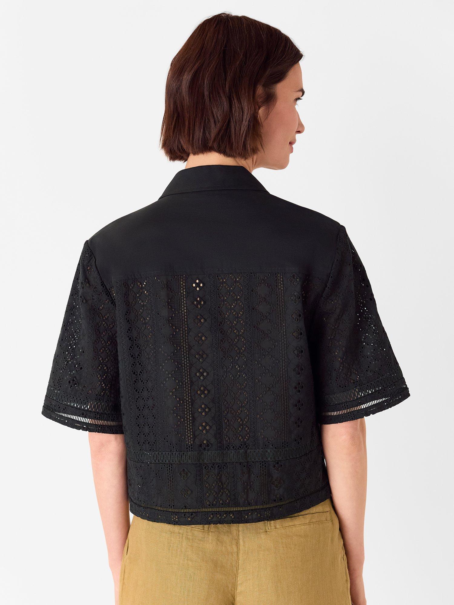 Product image 4 of 6, which shows Whistles Cropped Broderie Cotton Shirt, Black, 6