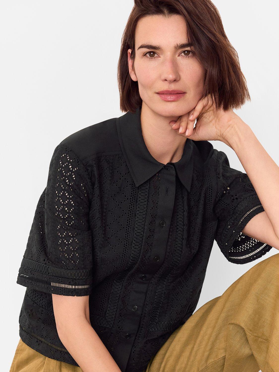 Product image 5 of 6, which shows Whistles Cropped Broderie Cotton Shirt, Black, 6