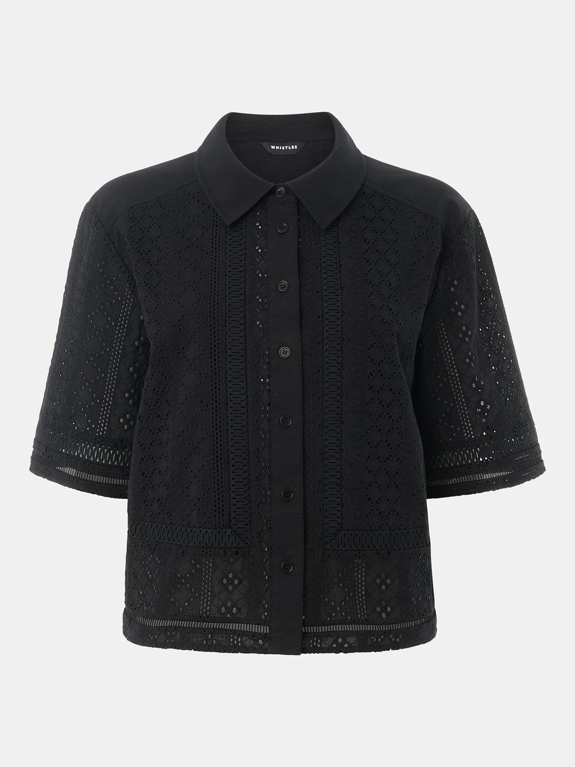 Product image 6 of 6, which shows Whistles Cropped Broderie Cotton Shirt, Black, 6