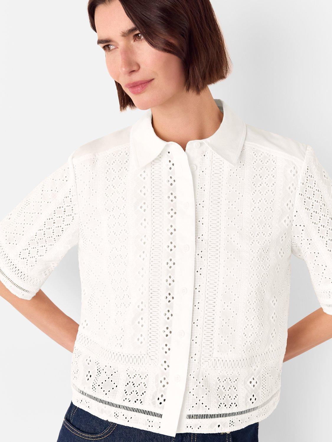 Product image 3 of 6, which shows Whistles Cropped Broderie Cotton Shirt, White, 6